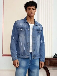 SWAVVY Casual Fashion Versatile Simple Long Sleeve Men's Denim Jacket, Plain, Flap Pocket & Ripped Detail, Grunge, Urban, Work - Blue - View 3
