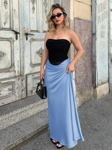 Jeta Ari 女士简约纯色喇叭下摆高品质优雅时尚长裙女装 - 淺藍色 - 查看 4