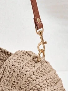 SHECARRY 1pc Women's Woven Shoulder Bag, Large Capacity, Beach Vacation - Coffee - View 3