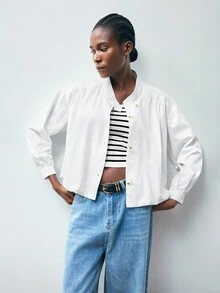 Maija Jaqueta branca fina e solta com gola alta e bainha franzida, confortável, urbana, elegante e versátil, roupa feminina de ano novo para outono/inverno