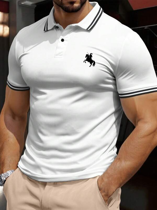 Manfinity Dauomo Plus Size Men's Casual Colorblock Trim Knight Print Short Sleeve Polo Shirt