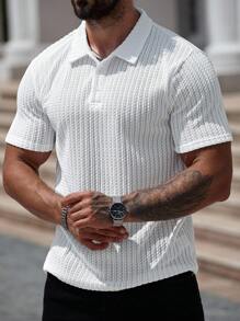 Manfinity Homme 男士休闲纯色纹理面料短袖 Polo 衫，夏季男士针织 Polo 衫，男士纽扣 Polo 衫，男士纹理 Polo 衫，适合日常通勤、旅行、度假和外出的多功能单品，送给丈夫和男朋友的礼物，休闲简约风格，都市成熟风格，英伦绅士风格 - 白色 - 查看 3