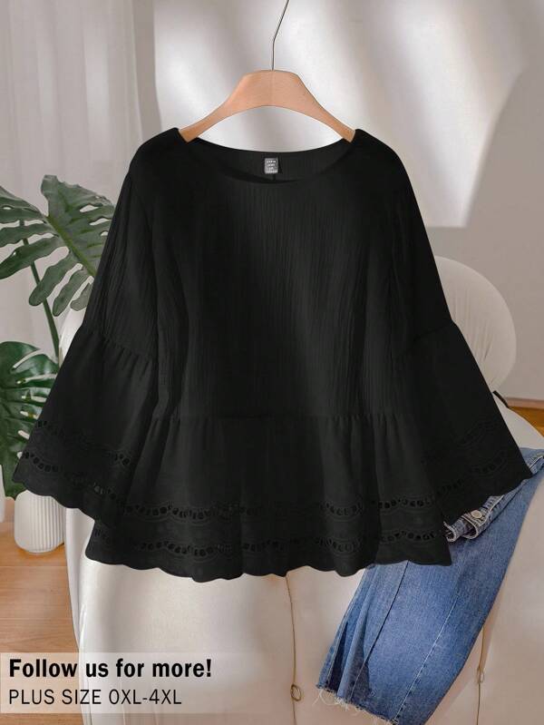 CosyJoli Plus Size Women's Summer Casual Hollow Lace Patchwork Black Blouse, Suitable For Vacation,Business Casual Woman