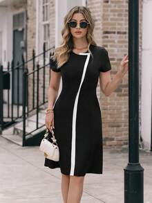EMERY ROSE Women Contrast Color Round Neck Short Sleeve Casual Commute Dress - Black - View 6