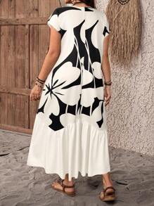 EMERY ROSE Plus Size Vintage Bohemian Solid Floral Print Patchwork Hem Dress, Spring/Summer Bohemian Fall Clothes For Women