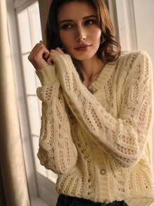 MOTF PREMIUM 镂空宽松圆领长袖毛衣 - 杏色 - 查看 7