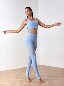 Menodora SHEIN Sport 女式纯色短款背心和网眼拼布紧身裤运动套装