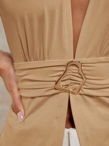 COSMINA Váy khóa kim loại cổ chữ V sâu thanh lịch dành cho nữ, Xuân/Hè - Màu Khaki - Xem 7