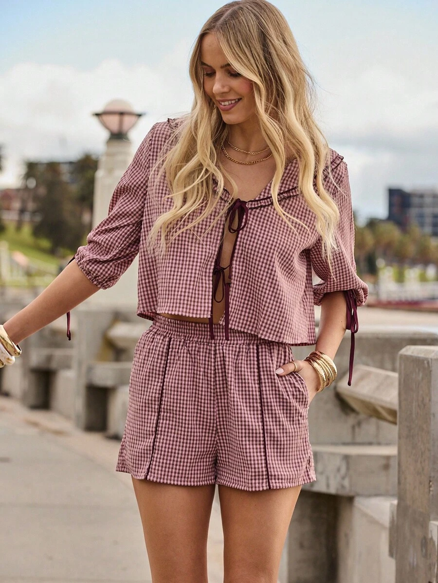 Aralina Conjunto bohemio casual de otoño e invierno para mujer con estampado de cuadros, lazos delanteros y lindo cuello Peter Pan, perfecto para atuendos de cumpleaños - Rosa - Ver 1