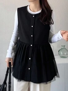FRIFUL Jaket Kasual Longgar Serbaguna Wanita Warna Hitam Polos dengan Patchwork Jala Transparan, Cocok untuk Mantel Wanita Musim Gugur - Hitam - View 7
