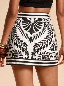 Travachic Women's Vacation Plant Print Side Knot Wrap Mini Skirt Black And White Skirt Graphic Skirt Wrap Skirt Printed Skirt,Vacation Style,Woven Graphic Printed,Casual Summer Vacation Woman,Bohemia Beach Vacation,Fall  Clothes, Christmas Party, New Year, Wedding Guest Outfits, Elegant Graduation, Luxury Prom Dress, Casual Outfits, Printed Shorts - Black and White - View 3