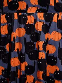 SHEIN CURVE+ Plus Size Women Halloween Pumpkin Print Long Sleeve Loose Casual Smock Dress/Autumn /Winter - Multicolor - View 7