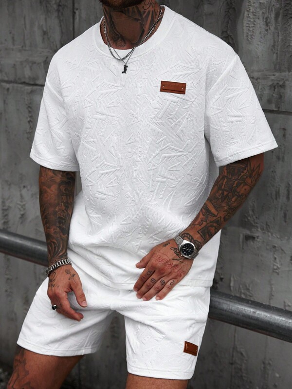 Manfinity Homme Men's Cartoon Decor Round Neck Short Sleeve Casual T-Shirt & Drawstring Waist Shorts Set,Men 2 Piece Set,Men Summer Outfits Mens White Textured Two Piece Short Set Men White 2 Piece Pants Set