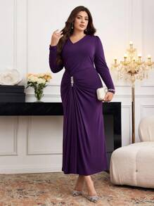 Modelyn Plus Size Elegant Solid Color Rhinestone Decor Fitted Dress,Elegant Dresses For Women