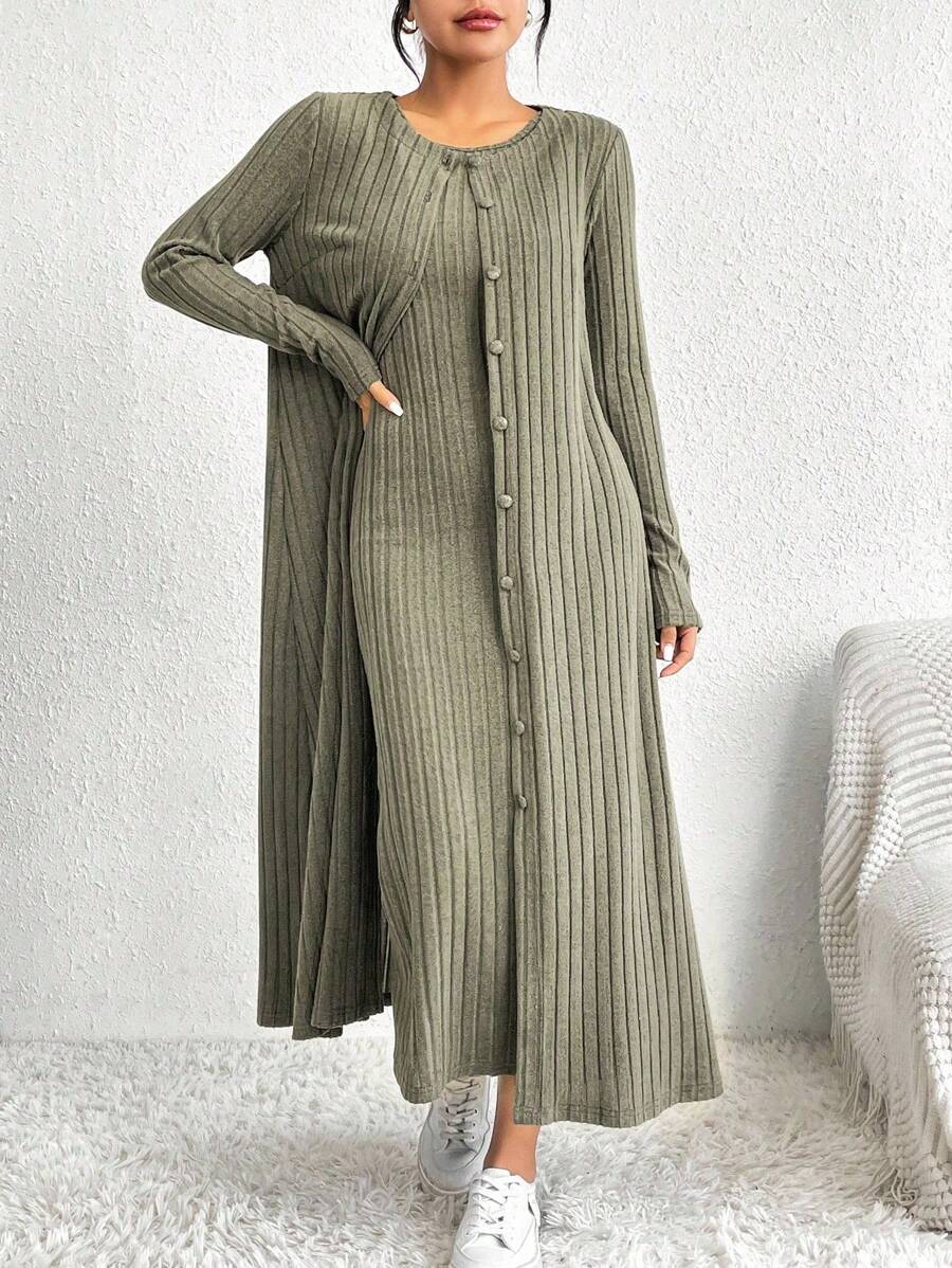 SHEIN Essnce Women's Solid Color Dress And Jacket Two-piece Set - Green - View 1