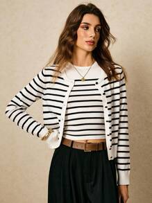 Poéselle 女士休闲条纹开衫和针织背心两件套，春秋 - 黑與白 - 查看 2