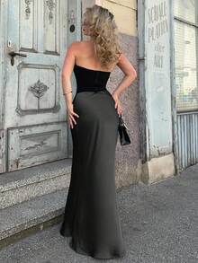 Jeta Ari Chân váy Maxi satin trơn cạp cao thanh lịch - màu đen - Xem 3