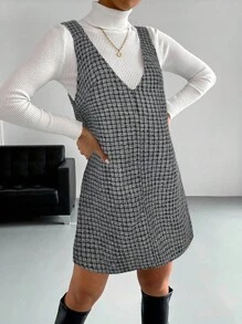 SHEIN BIZwear 女式格子V领无袖宽肩带休闲百搭连衣裙 - 灰色 - 查看 6