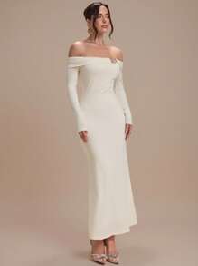 Modelyn Women's Metal Decor Off Shoulder Long Sleeve Fishtail Hem Fitted Elegant Dress - Apricot - View 6