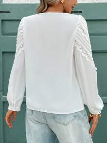 SHEIN Frenchy Vacation Casual Solid Color Hollow Out Embroidered Puff Sleeve Shirt Winter White - White - View 2