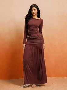 Roylia Set elegant din 2 piese pentru femei, cu tricou și fustă midi, culoare solidă, guler asimetric, mânecă lungă - Maro ruginiu - Vizualizare 2