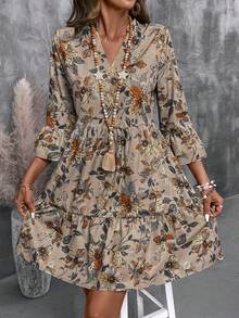 EMERY ROSE Women's Floral Print Cutout V-Neck Ruffled Hem Long Sleeve Mini Dress,Summer Dresses For Women Casual Dresses For Women Holiday Outfits Summer Holiday Outfits Ountry Concert Outfit  Country Dress For Women - Multicolor - View 4