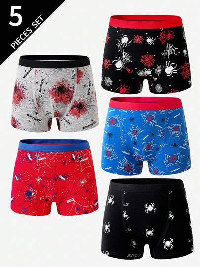 Paquete de 5 calzoncillos de algodón cómodos, coloridos y con estampado de araña lindos para niños preadolescentes, moda de vuelta al colegio