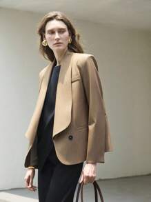 Uhlyne 女式不对称领宽松长袖 TR 羊毛混纺西装外套 - 棕色 - 查看 2