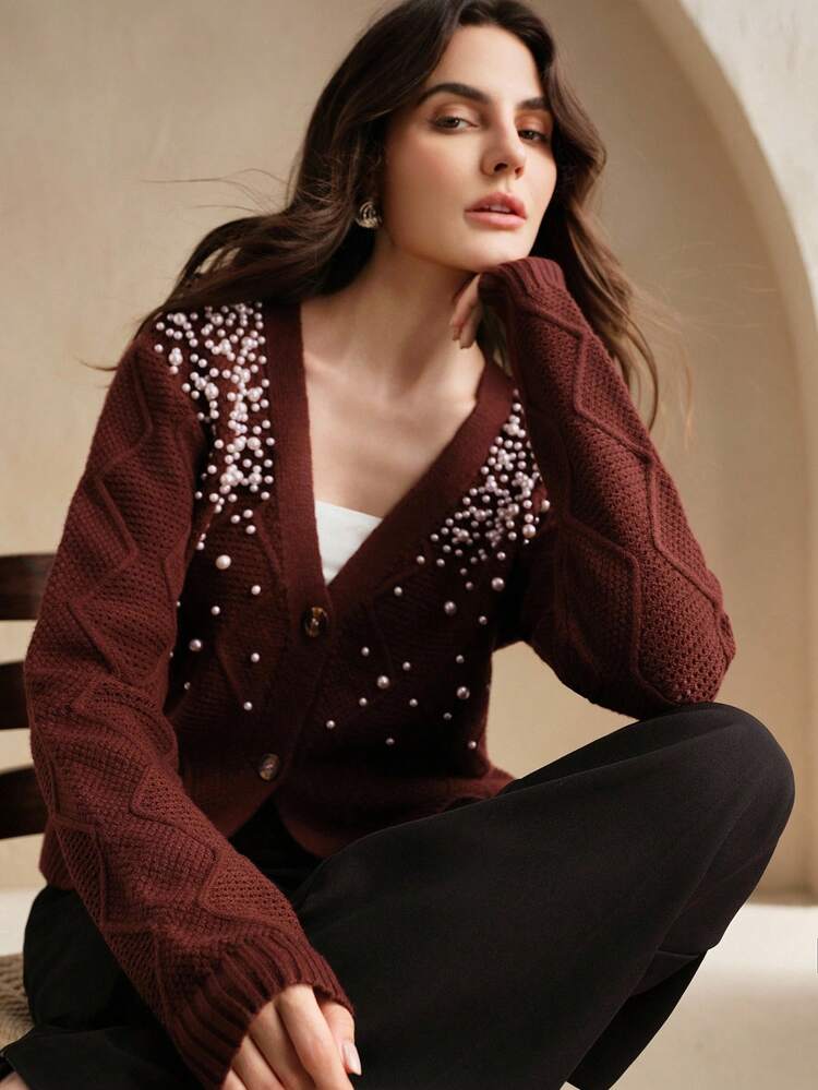 Elegant Pearl Decor Cardigan, Suitable For Commuting, Autumn, Winter, Going Out, Formal, Party, Chic, New Year, Christmas, Work, Graduation, Wedding
