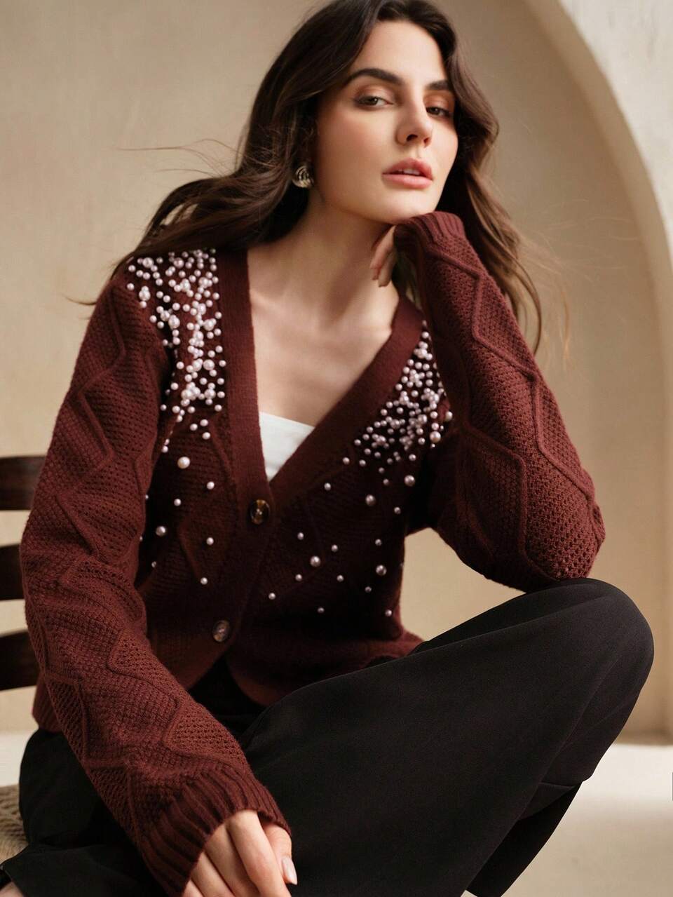 Elegant Pearl Decor Cardigan, Suitable For Commuting, Autumn, Winter, Going Out, Formal, Party, Chic, New Year, Christmas, Work, Graduation, Wedding