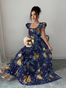 Elenzga 女士印花方领荷叶袖褶裥下摆连衣裙，优雅度假之选