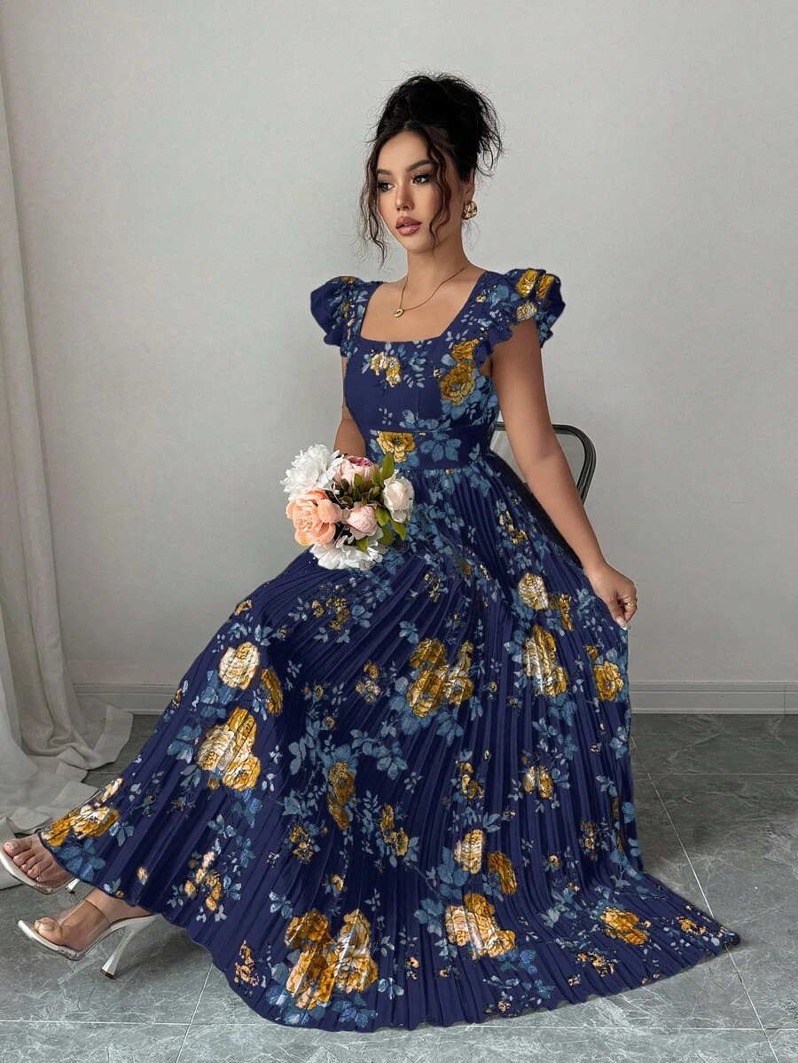 Elenzga 女士印花方领荷叶袖褶裥下摆连衣裙，优雅度假之选