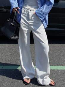 DAZY 复古做旧白色开衩高腰直筒女式长款牛仔裤 - 白色 - 查看 5