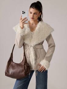 SHEIN MOD 女士秋冬大领收腰系带休闲长袖夹克 - 白色 - 查看 4