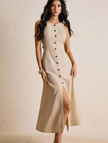 Poéselle Vestido sin mangas de unicolor y minimalista para mujer, para uso diario - Albaricoque - Ver 8