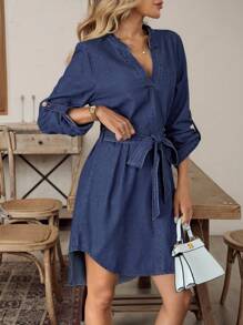 EMERY ROSE Váy denim nữ mới, dáng rộng, thắt lưng, nửa vạt, áo chui đầu, váy xanh, váy mùa thu cho nữ, váy mùa đông, váy quấn Halloween, váy dạ hội, trang phục đi chơi, quần áo Y2K, tiền cũ Y2K - Rửa trung bình - Xem 5