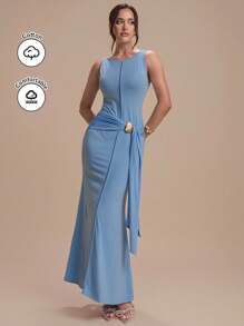 Modelyn Women's Solid Color Pleated Round Neck Fitted Sleeveless Dress - Blue - View 4