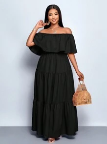 SOLERSUN 大码女式露肩褶领三段褶裙宽松长裙，情人节、丘比特、浪漫、玫瑰、约会、音乐节 - 黑色 - 查看 3