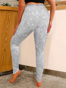 INAWLY Plus Size Metallic Shiny Stretch Skinny Cropped Leggings, Suitable For Spring/Autumn - Silver - View 2