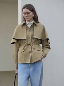 Uhlyne Uhlyne Classic Detachable Short Fashion Trench Coat,Khaki,Autumn,Elegant,Office Versatile European And American Style New Casual Journey Vacay Vibes - Khaki - View 4