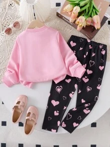 Elladie kids Young Girls Cute Everyday Outfit, Cat Print Headscarf, Round Neck Long Sleeve Grey Top, Pink Heart Print Black Pants, Children Autumn Casual Wear Fall Winter - Pink - View 2