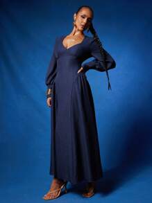 NYA SZN 连衣裙长袖深 V 领修身特殊场合端庄早午餐婚礼宾客新娘派对约会商务休闲长款秋季女士服装 - 藍色 - 查看 4