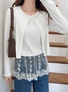 FRIFUL Women's Casual Versatile Solid Color Front Button Blouse With Lace Patchwork Camisole 2 Pieces Set Lounge Sets For Women - White - View 2