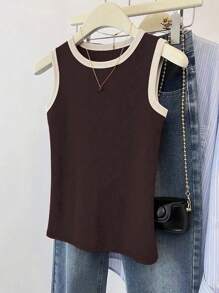 INAWLY Women's Plus Size Ribbed Crew Neck Casual Loose Fit Tank Top - Brown - View 4