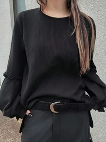 FRIFUL 女士休闲纯色灯笼袖T恤，春秋季 - 黑色 - 查看 6