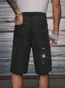 AXEPEAK Quần short denim ống rộng đính đá pha lê kiểu dáng đường phố thời trang, dài vừa phải, phong cách Emo dành cho nam - Màu xám đen - Xem 2