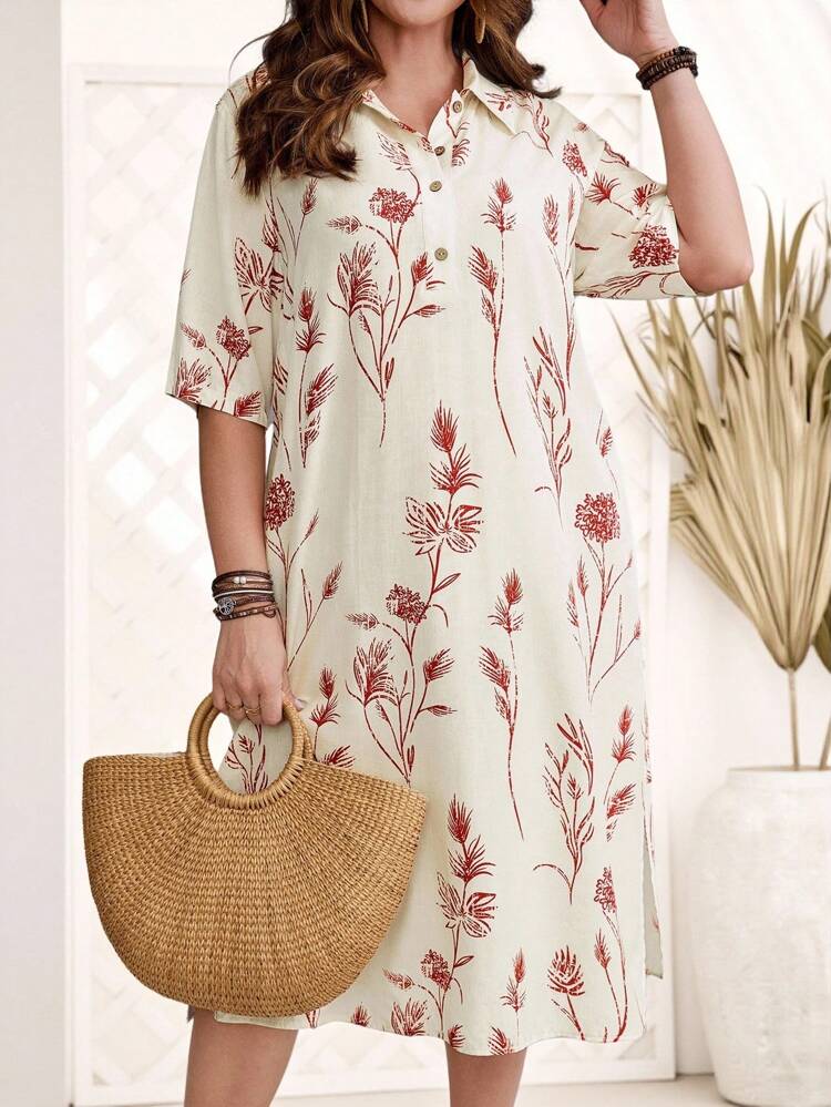 Plus Size Floral Print Casual Vacation Dress,Fall Dresses For Women , Women's Fall Clothes, Suitable For Autumn & Winter Chic Dress