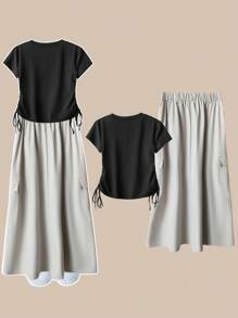 SHEIN CURVE+ Bộ 2 món POPSWAY cỡ lớn, thoải mái và dễ chịu, áo có dây rút nơ bên hông, chân váy có cạp chun và túi bên hông, thích hợp mặc hàng ngày, đi làm, trở lại trường, ngày lễ theo mùa - Nhiều màu - Xem 2