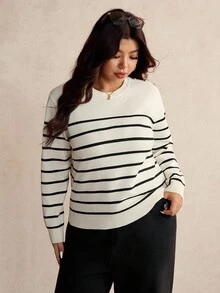 Elaquor 大码女式条纹圆领长袖休闲套头毛衣，航海风，白色衬衫，春季女装 - 米色 - 查看 5