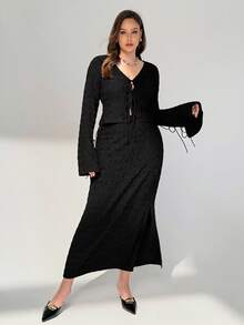 Auralis Plus-Size Ladies' Long Sleeve Suit, Ladies' Casual Suit, Black Suit, Blouse And Skirt Suit, Ladies' Two Pieces Suit,Fall Clothes For Women Lounge Sets For Women Rave Outfits Festival Going Out Outfits - Black - View 3